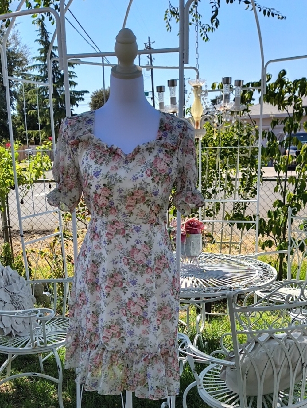 Floral Ruffle Midi Dress - Cream with Pink Rose Print